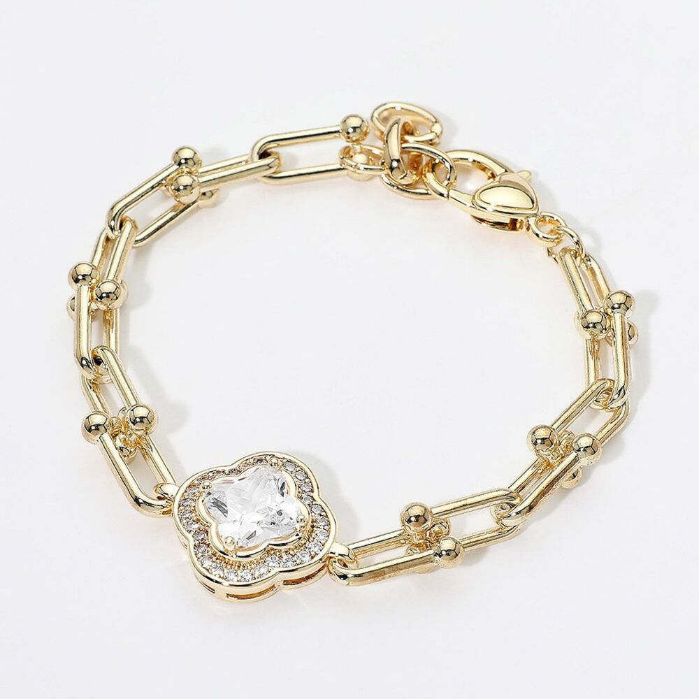 14K Gold Clover U-Link Trendy Hardware Industrial Link Chain Bracelet Quatrefoil